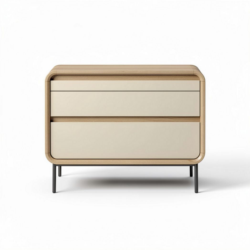 Two-drawer nightstand in beige and oak finish with dimensions 60 x 45 x 40cm
