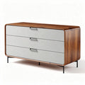 Wooden dresser with three drawers and metal legs in brown and gray finish