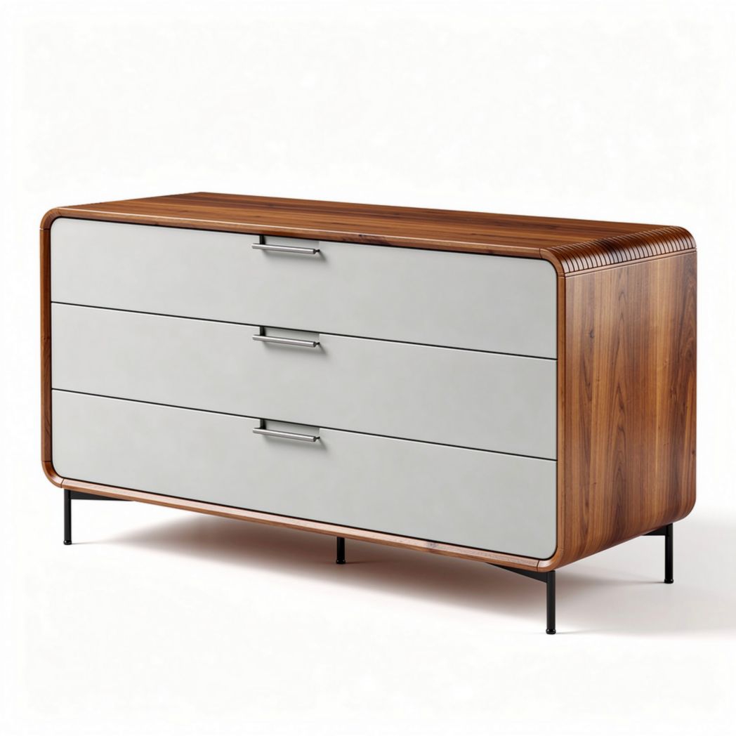 Wooden dresser with three drawers and metal legs in brown and gray finish