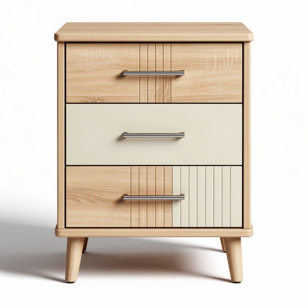 Wooden nightstand with three drawers in natural and cream colors 40 x 40 x 60cm