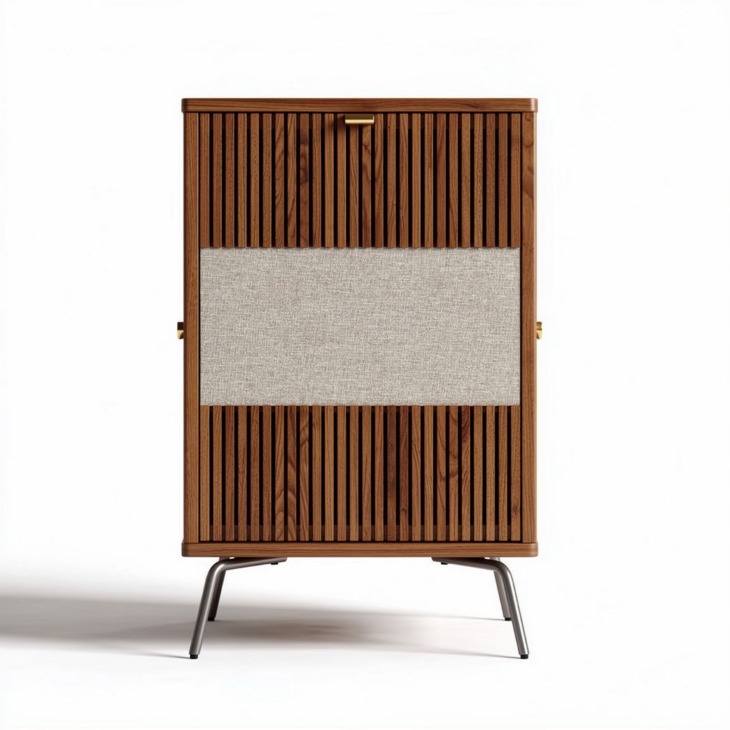 Wooden cabinet with fabric panel and metal legs 80 x 40 x 120cm