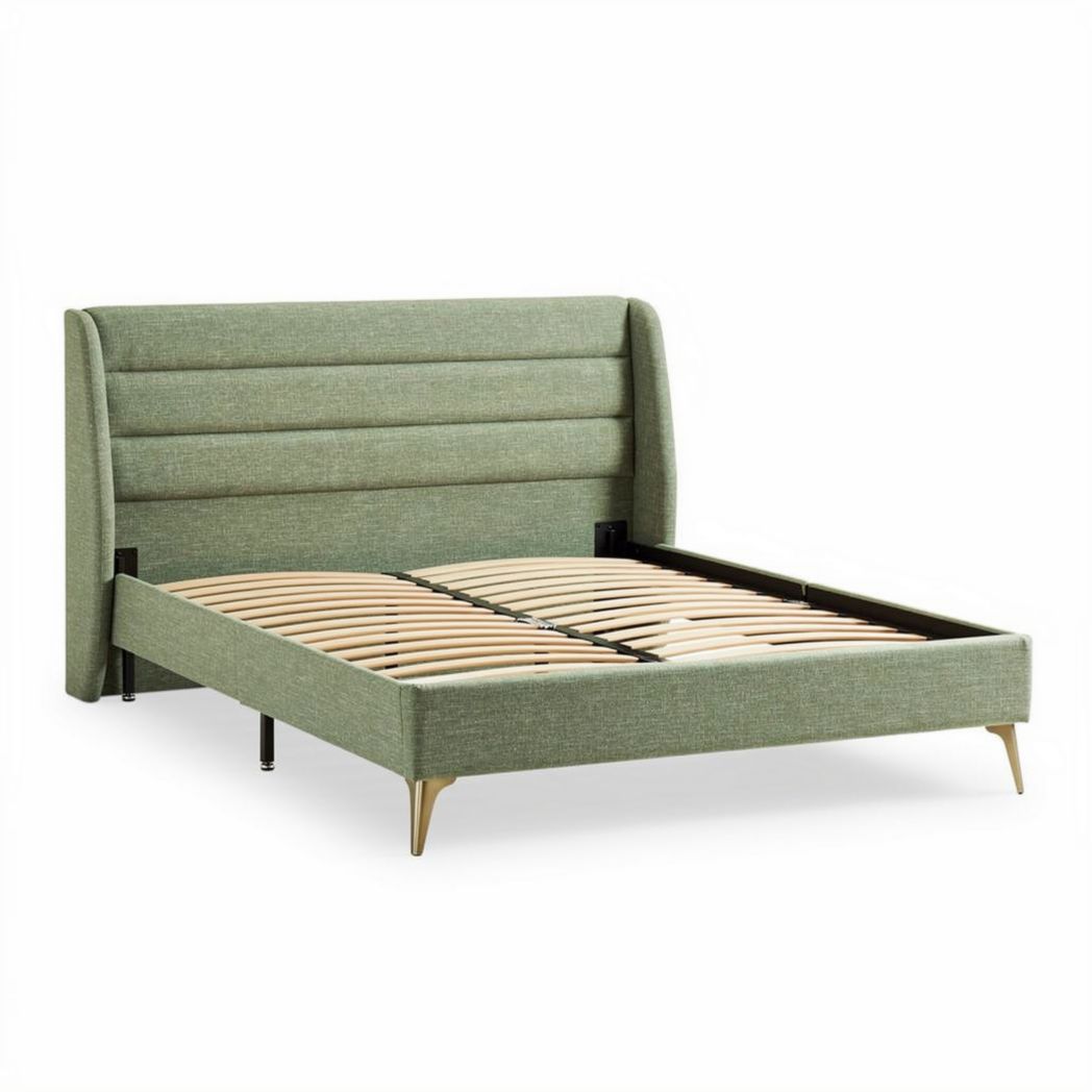 Green upholstered bed frame with wooden slats and modern design 200 x 160 x 100cm
