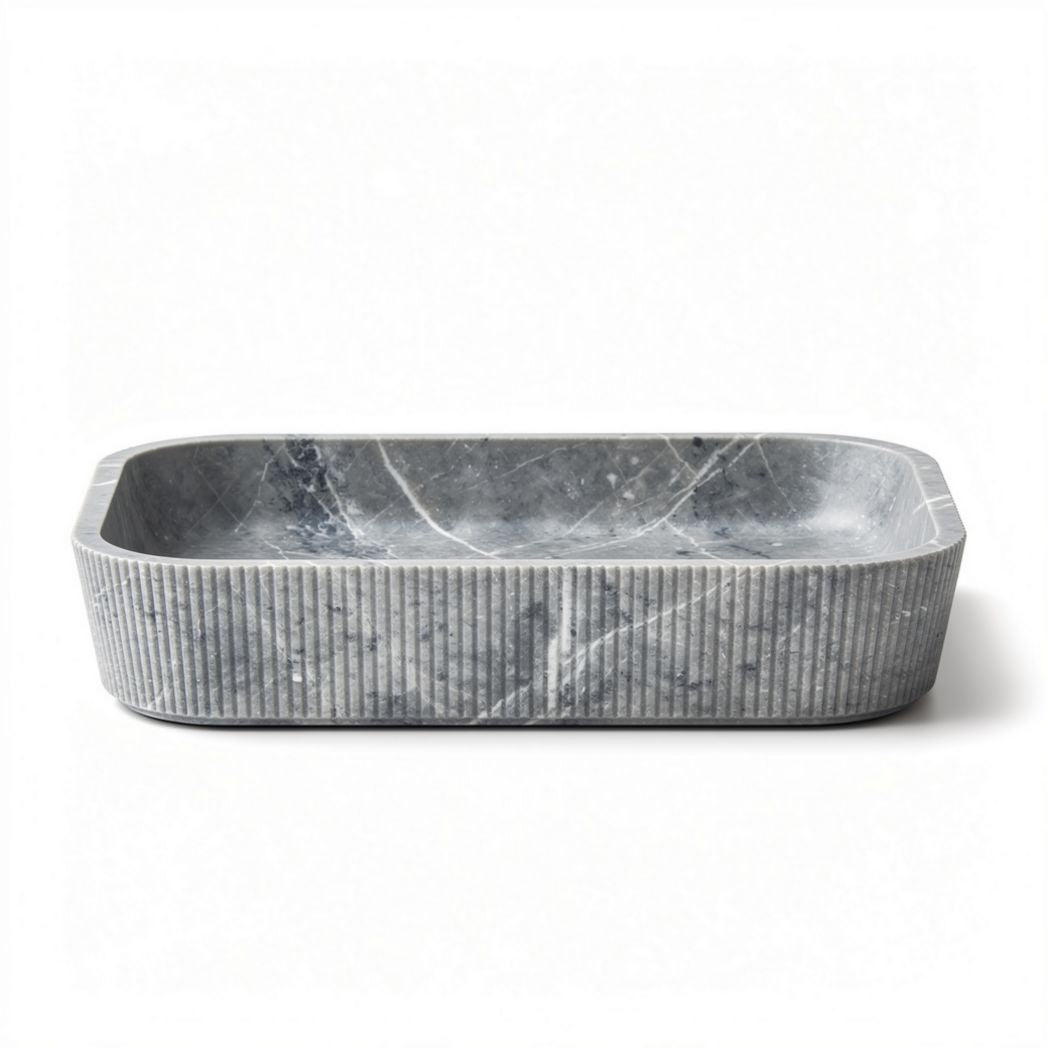 Marble serving tray with ribbed design for kitchen or dining use 30 x 20 x 5cm
