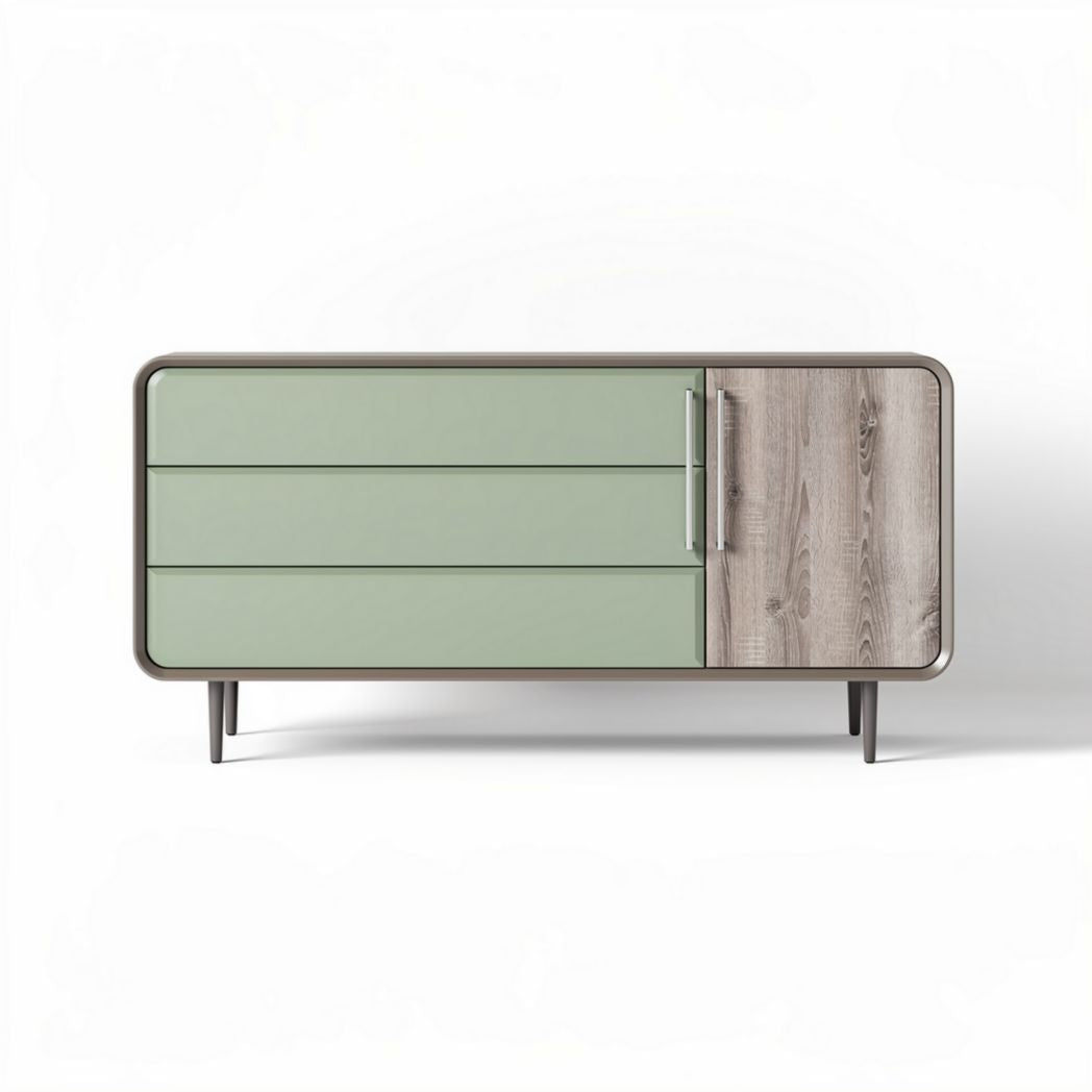 Modern sideboard with green matte finish and wood accents 120 x 40 x 75cm
