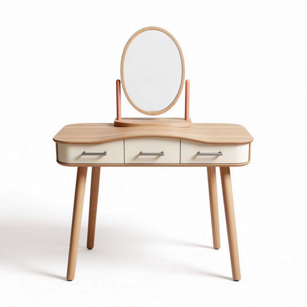 Wooden vanity table with mirror and three drawers in natural finish 90 x 40 x 80cm
