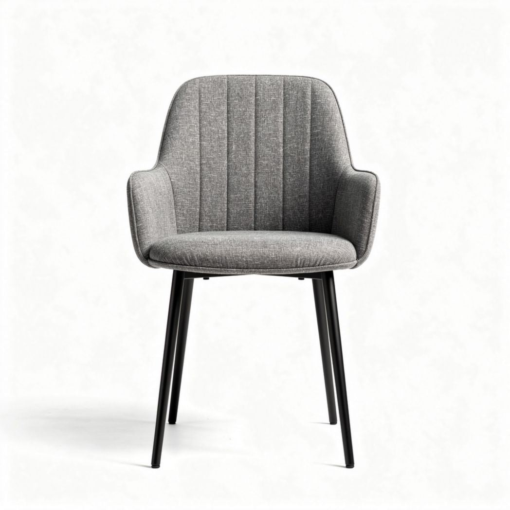 Upholstered dining chair with armrests in gray fabric and black metal legs 55 x 60 x 85cm