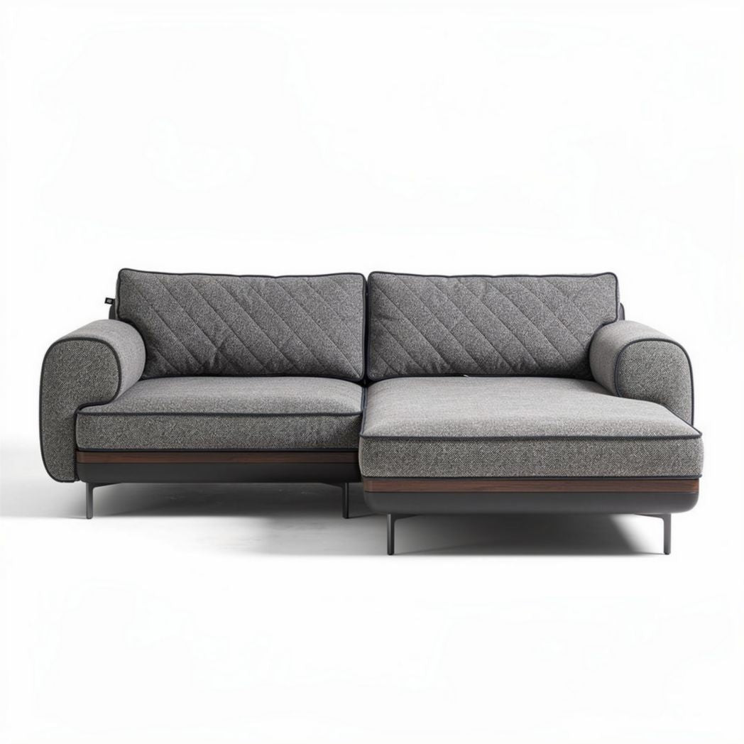 Sectional sofa with grey fabric upholstery and wooden accents 210 x 80 x 90cm